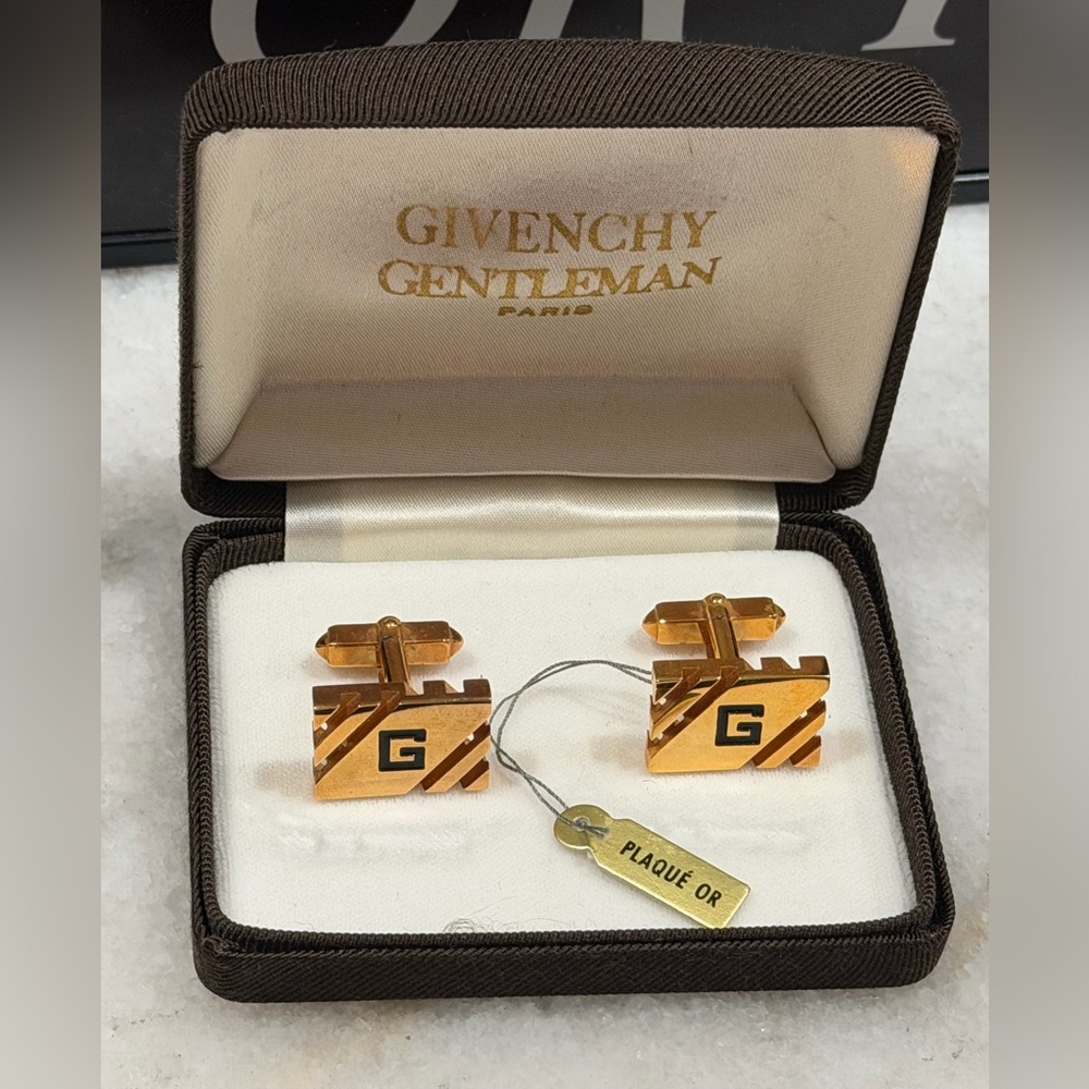 Unused Givenchy Gold Plaque Cufflinks with storage box